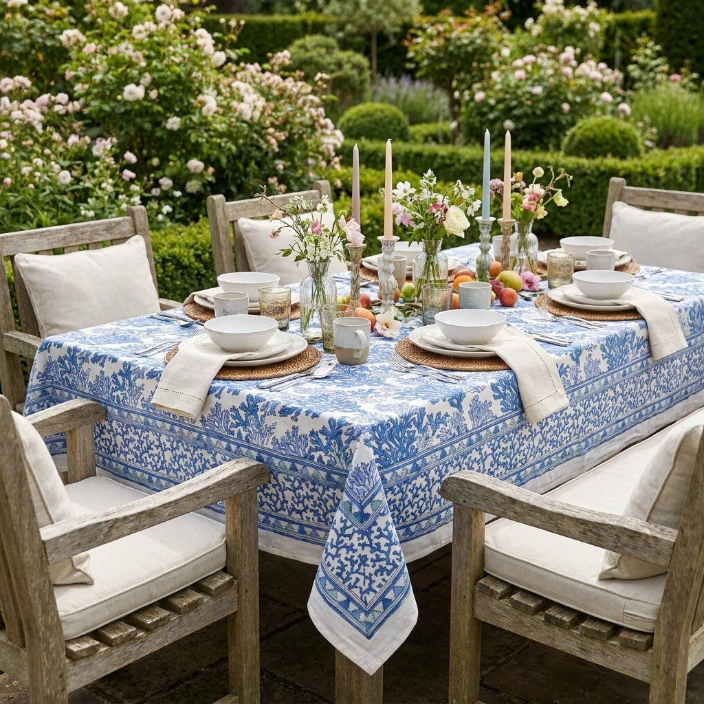 A blue and white patterned tablecloth with a matching napkin is styled on an outdoor wooden dining table surrounded by wooden chairs in a lush garden setting.