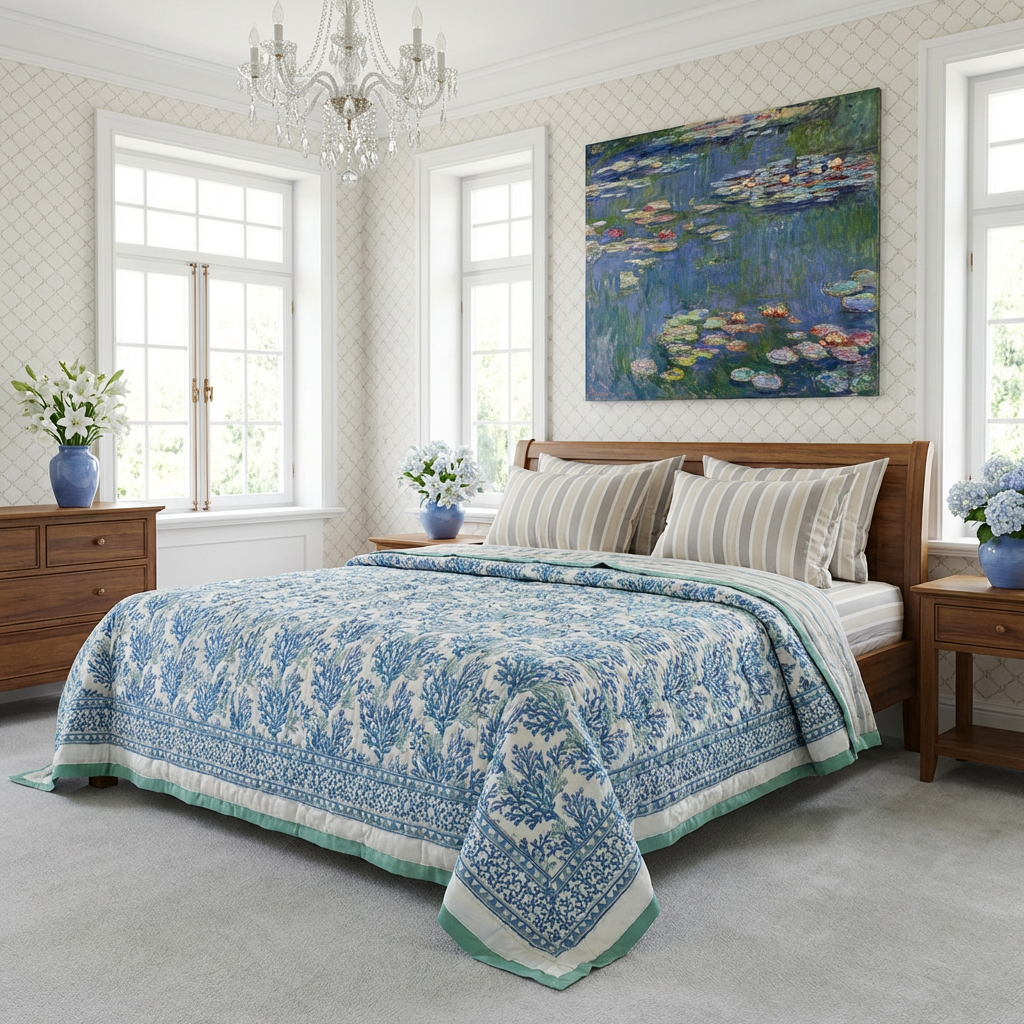•	Reversible Cotton Quilt King Size | Coral Multi Blue 502087