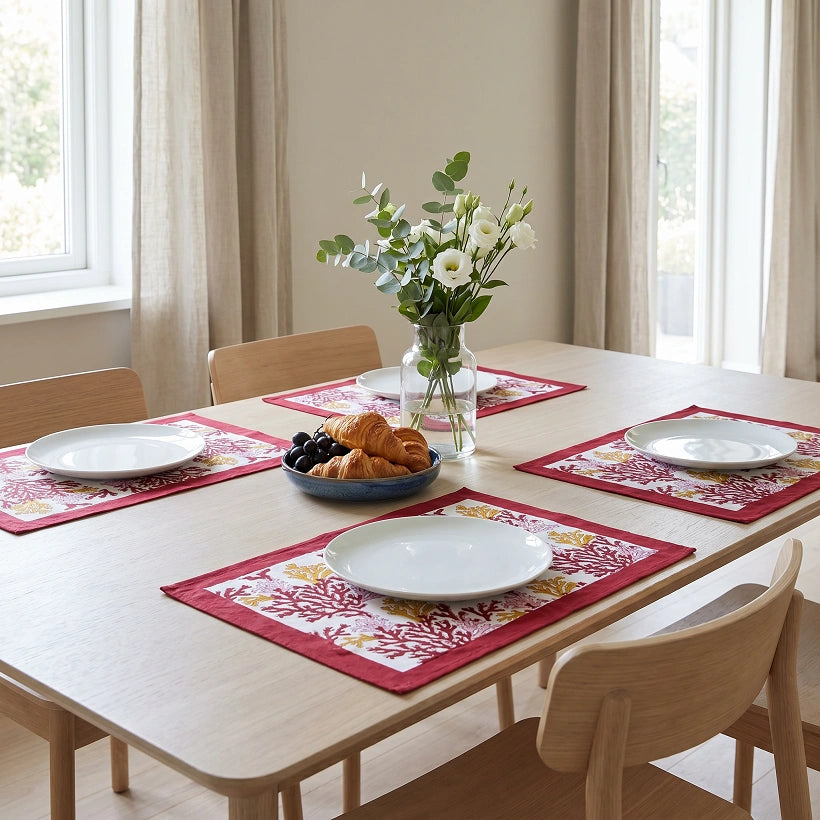 A dining table set with four red and white patterned placemats, white plates, a bowl of pastries, and a vase of white flowers in a bright, modern dining room.