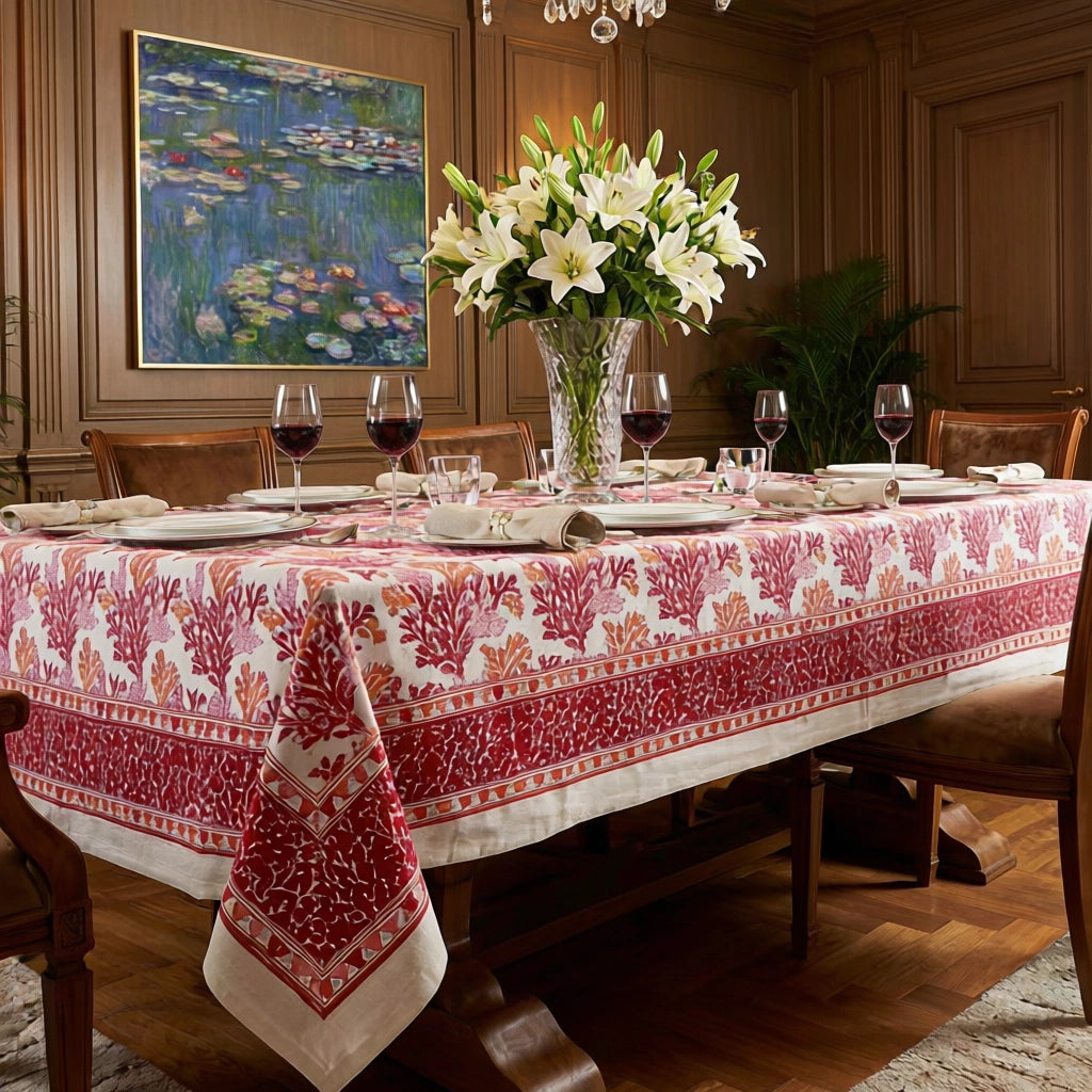 A rectangular dining table set in a wood-paneled room with a red and cream patterned tablecloth, white lilies in a vase, wine glasses, plates, and a framed water lily painting on the wall.