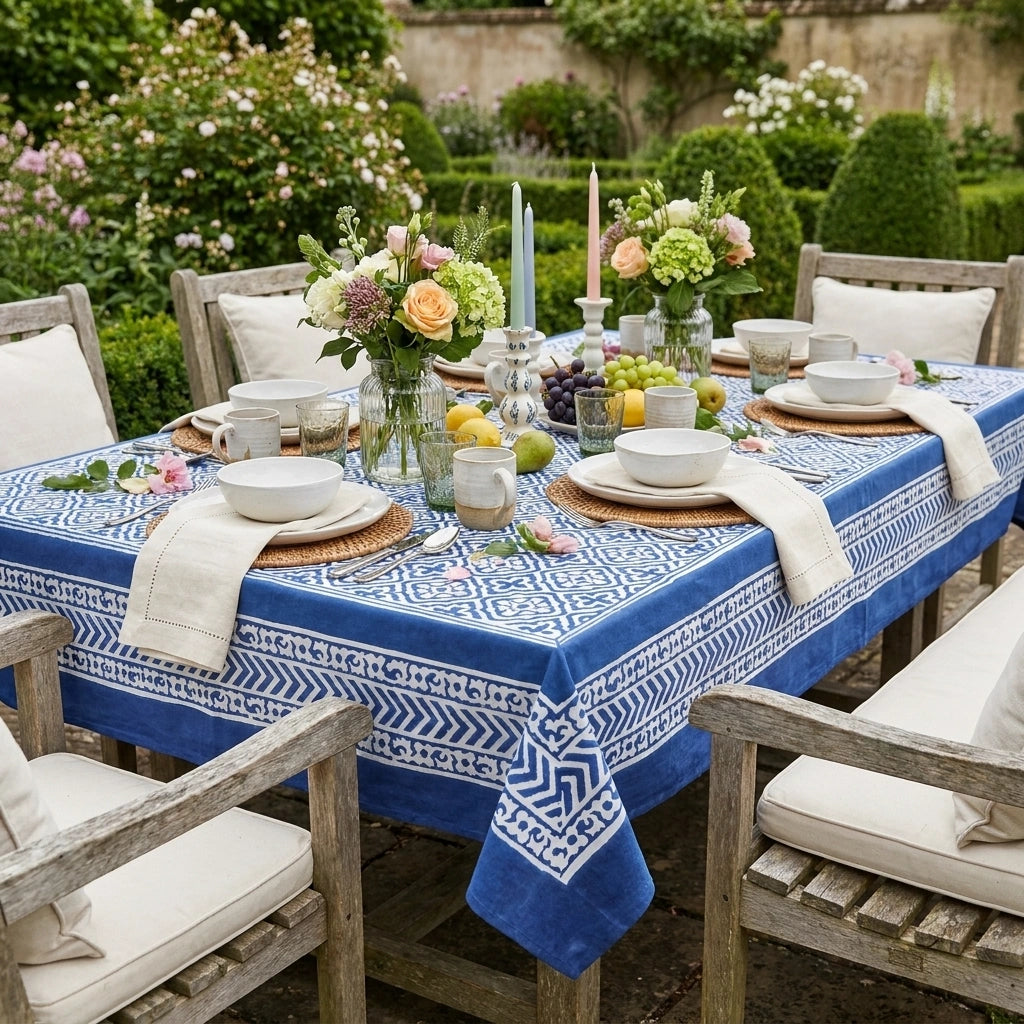 A blue and white patterned tablecloth with a geometric chevron design is styled on an outdoor wooden dining table set with white plates, folded cream napkins, glassware, and floral centerpieces in a lush garden.