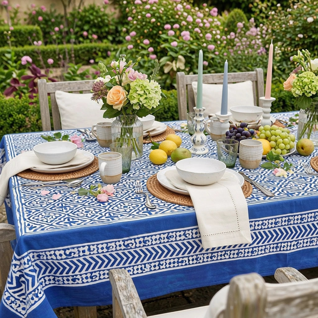 Jaipur Hand Block Tablecloth | Cross Flower Blue 302287