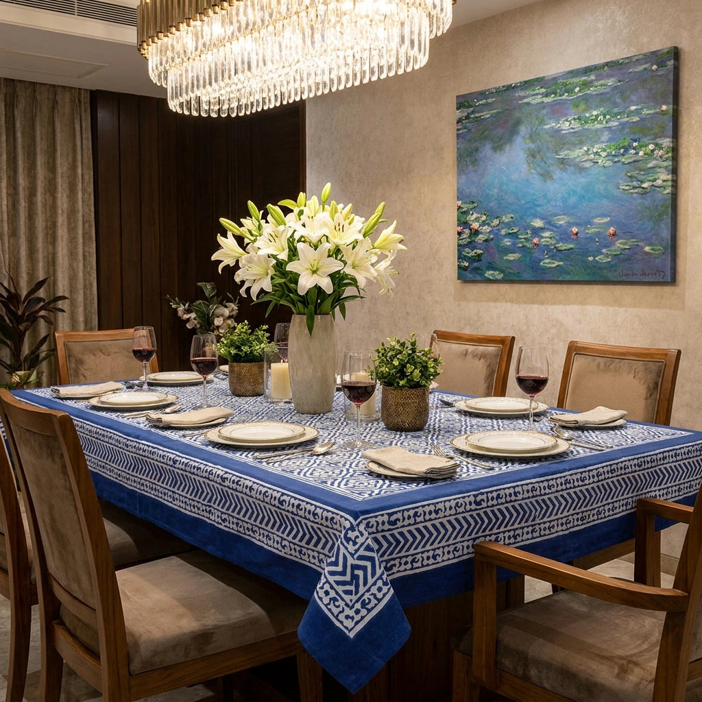 Traditional Indian Block Print Large Table Linen | Cross Flower Blue 302287