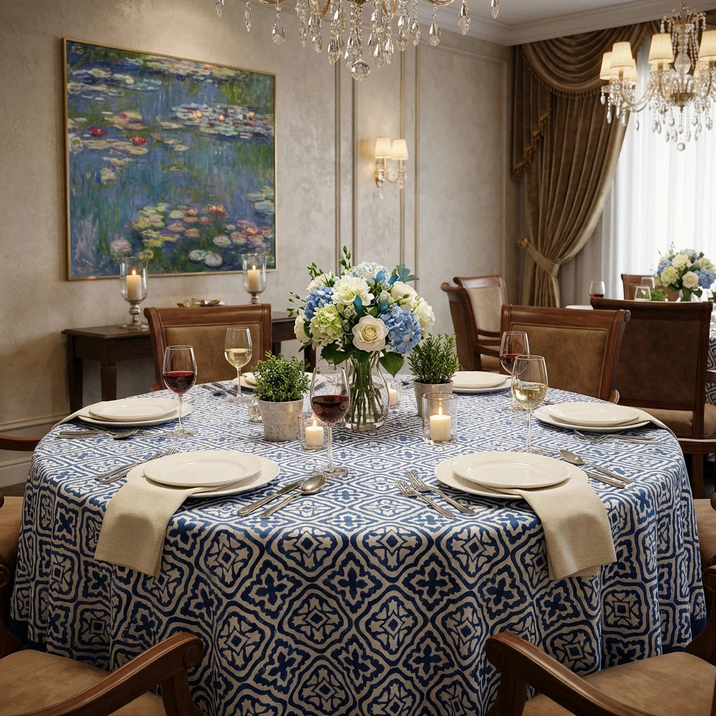 Family Round Table Cover Cross Flower Blue