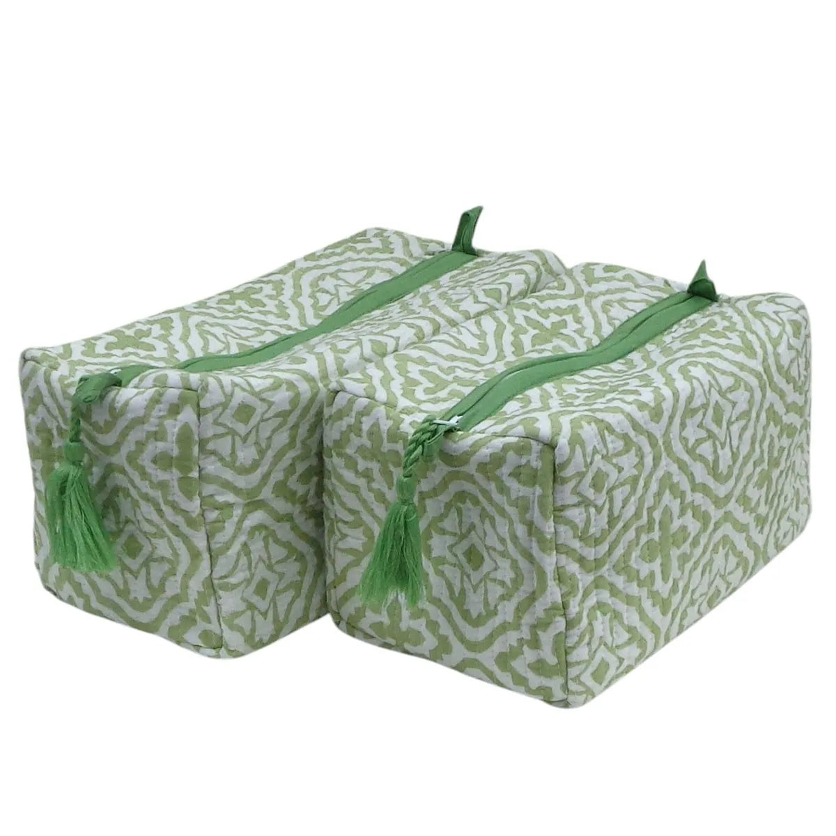 Two rectangular zippered storage bags with a green and white abstract pattern, featuring green tassels on the zipper pulls, shown on a plain white background.