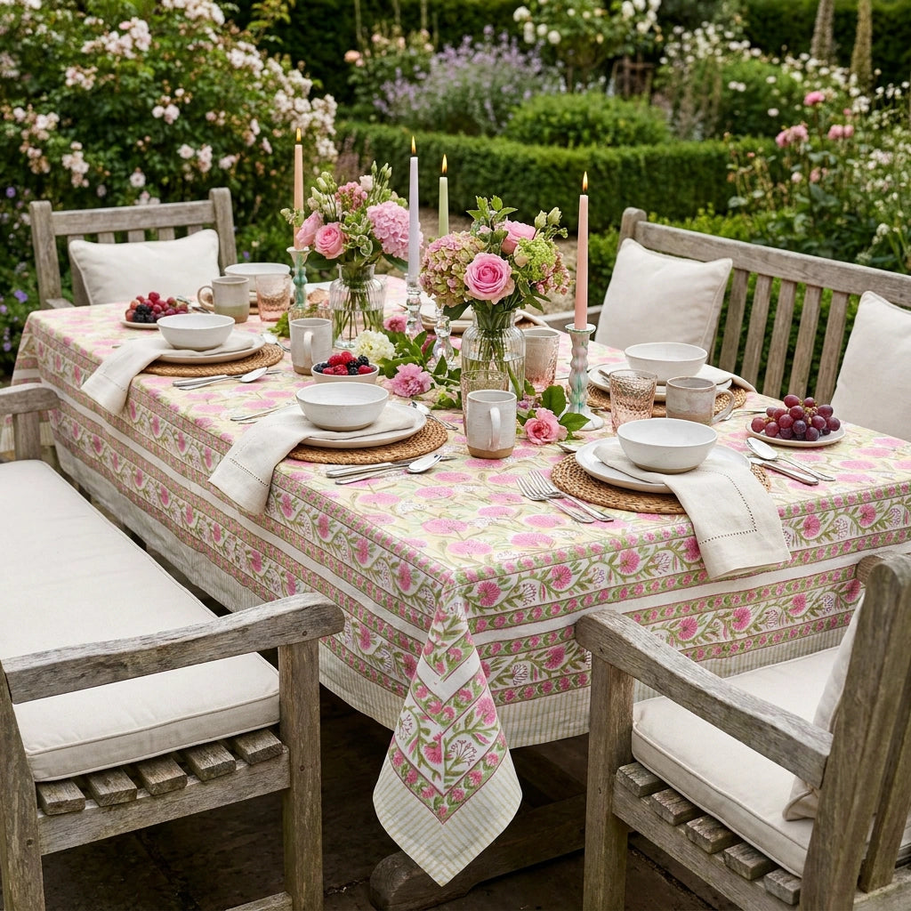 A rectangular outdoor dining table set with a pink and beige floral tablecloth, white ceramic bowls and cups, woven placemats, folded cream napkins, and a floral centerpiece, surrounded by weathered wooden chairs in a garden setting.