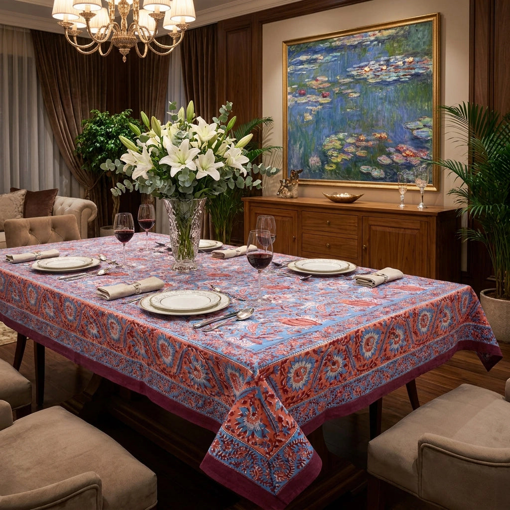 A rectangular dining table set for six with white plates, wine glasses, and folded napkins, draped in a vibrant red, blue, and orange paisley patterned tablecloth. The table is decorated with a large vase of white lilies.