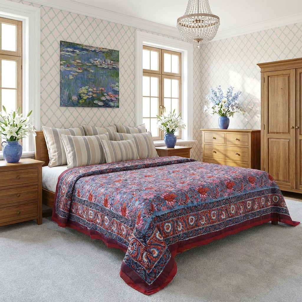 A large patterned red and blue quilted comforter is spread across a wooden bed in a beautifully decorated bedroom with matching wood furniture, striped pillows, and a water lily painting on the wall.