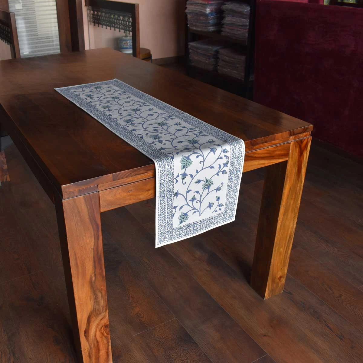 13 X 47 Inch Cotton Canvas Table Runner Ethnic Prints Floral Bale Blue