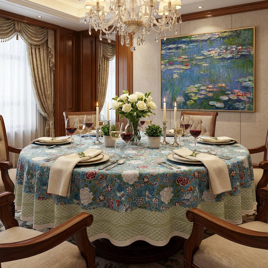 An elegant round dining table set for six in a luxurious dining room. The table is covered with a blue floral tablecloth featuring a scalloped lace border, accompanied by beige napkins, wine glasses, candles, and a white rose centerpiece.