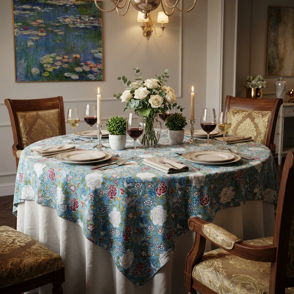 Jaipur Hand Block Round Tablecloth | Floral Canvas Blue Jade Gud 204988