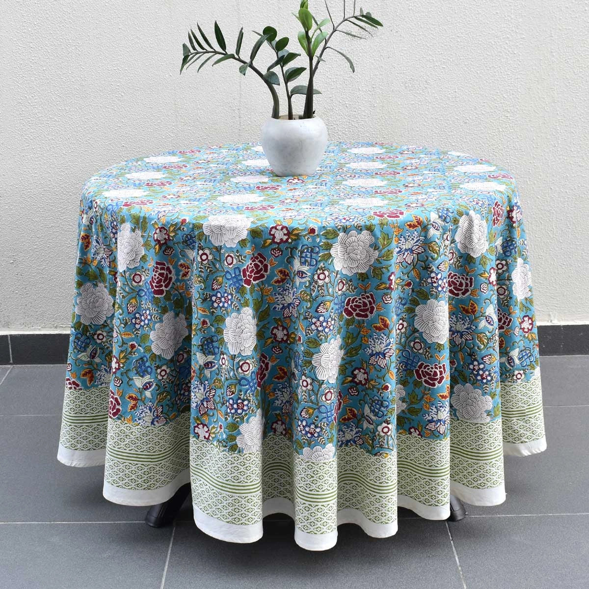 Party Round Tablecloth Floral Canvas Blue Jade Gud
