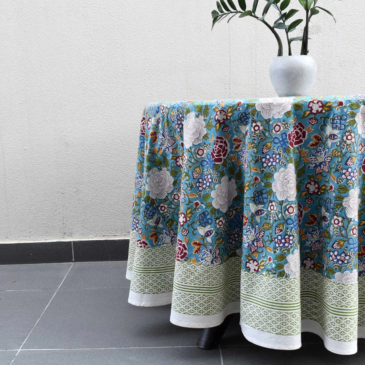 Jaipur Hand Block Round Tablecloth | Floral Canvas Blue Jade Gud 204988