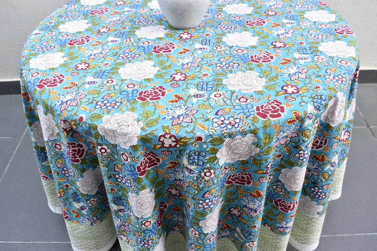 Party Round Tablecloth Floral Canvas Blue Jade Gud