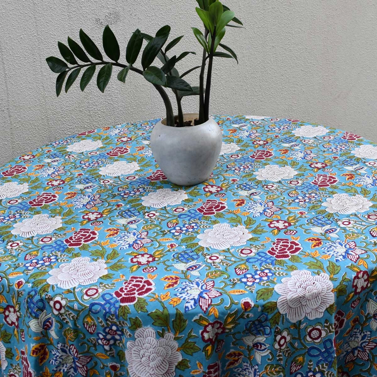 Jaipur Hand Block Round Tablecloth | Floral Canvas Blue Jade Gud 204988