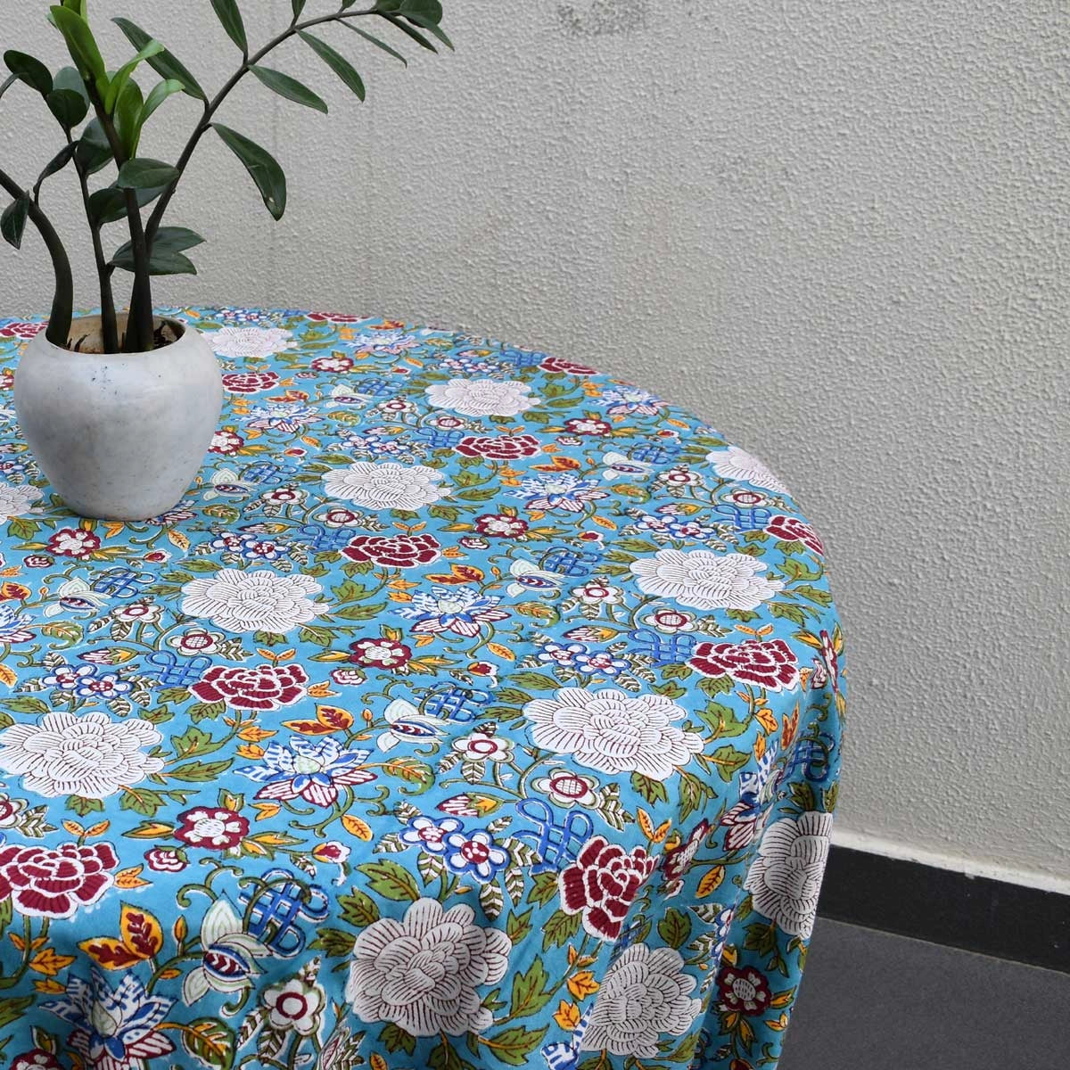Jaipur Hand Block Round Tablecloth | Floral Canvas Blue Jade Gud 204988