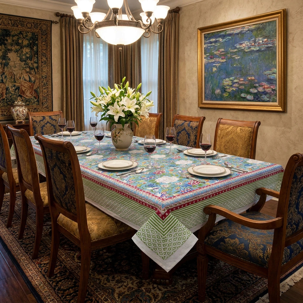 Special Occasion Long Table Linen | Floral Canvas Blue Jade Gud 206865
