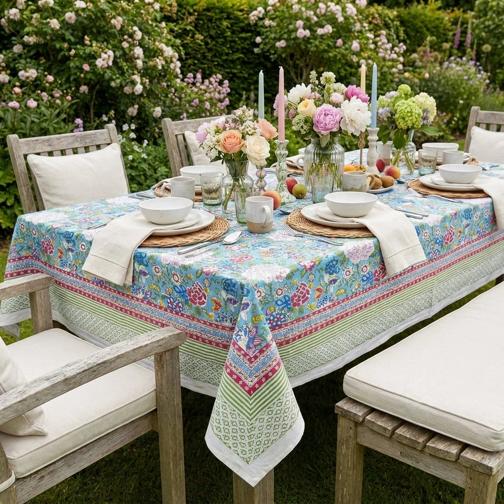 Festive Large Table Cover | Floral Canvas Blue Jade Gud 206865