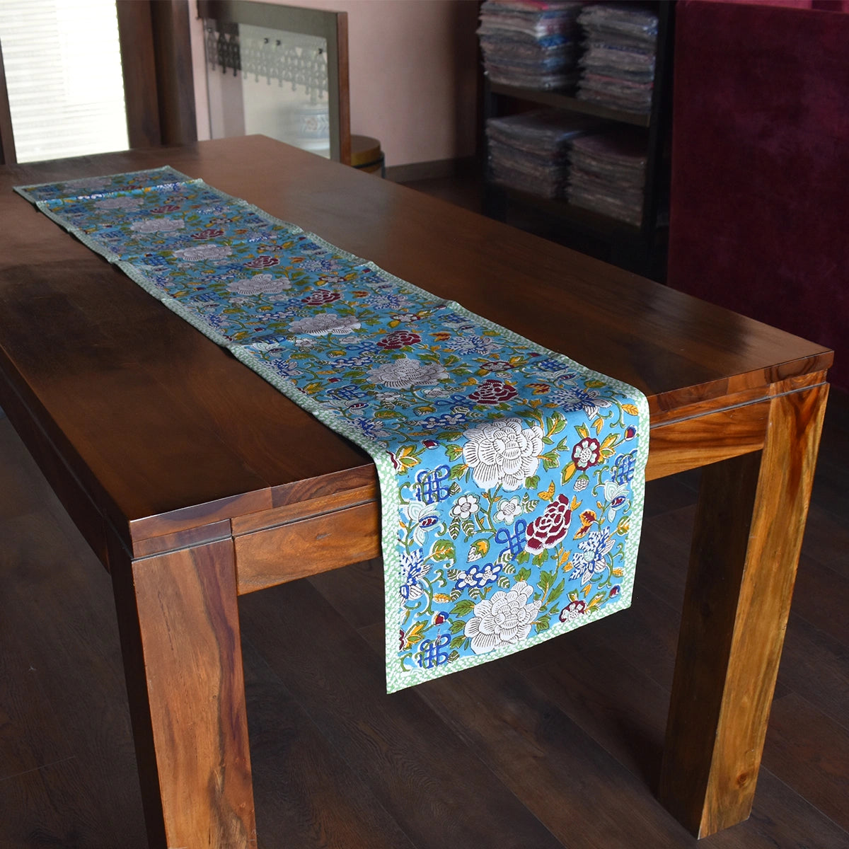 JAIPURI RAZAI Artisan Runner For Dining Table | Floral Canvas Blue Jade Gud 206865