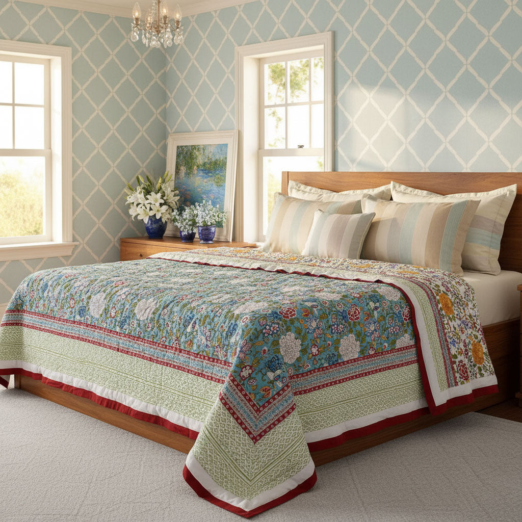 Lightweight Summer Quilt Double | Floral Canvas Blue Jade Gud 206865