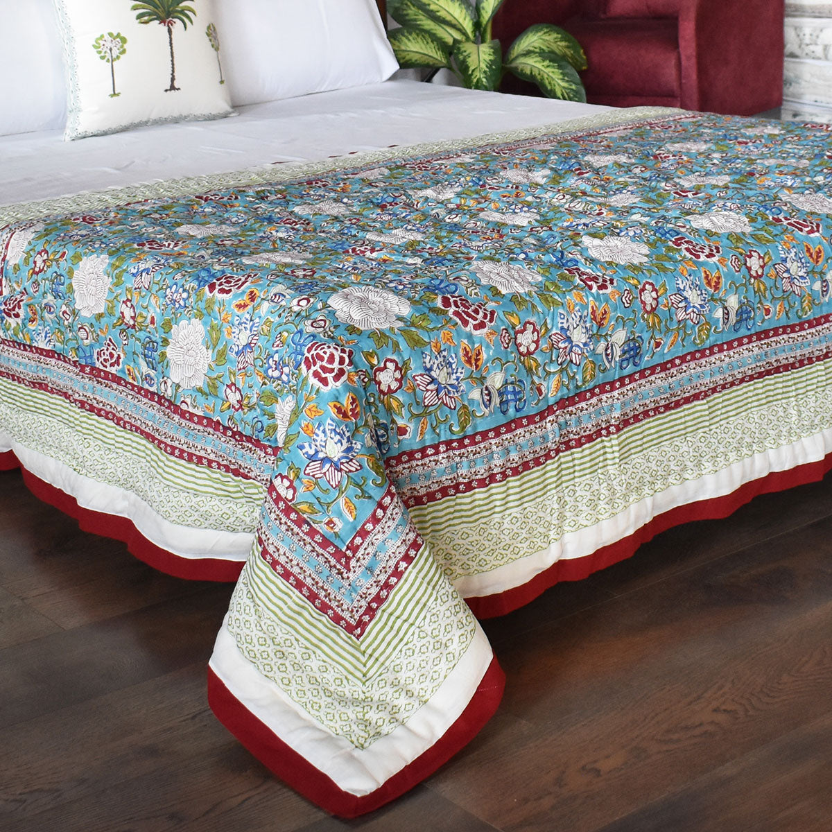 Jaipuri Razai With Natural Dyes Single | Floral Canvas Blue Jade Gud Red 206865