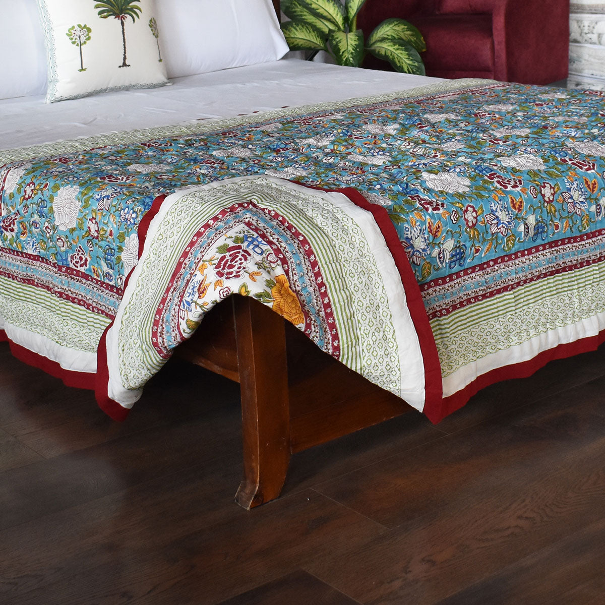 Jaipuri Razai With Natural Dyes Single | Floral Canvas Blue Jade Gud Red 206865