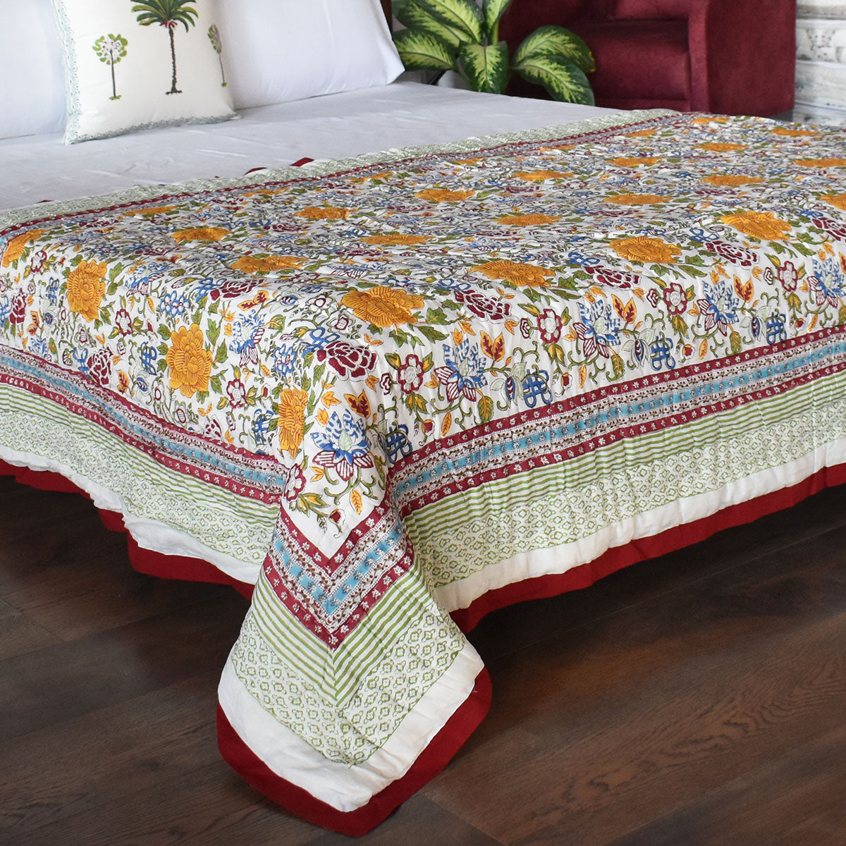 Jaipuri Razai With Natural Dyes Single | Floral Canvas Blue Jade Gud Red 206865