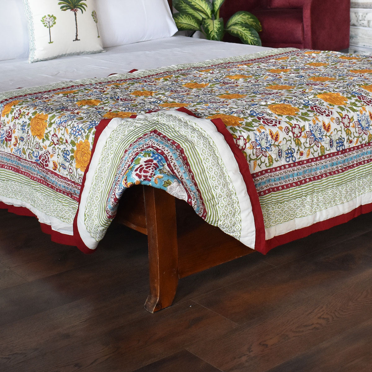 Jaipuri Razai With Natural Dyes Single | Floral Canvas Blue Jade Gud Red 206865