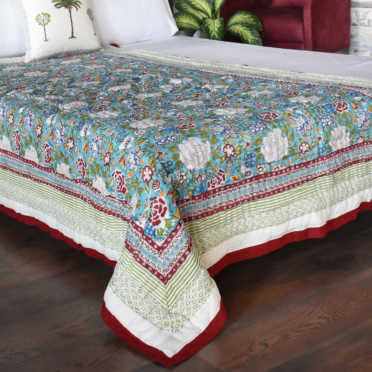 Jaipuri Razai With Natural Dyes Single | Floral Canvas Blue Jade Gud Red 206865