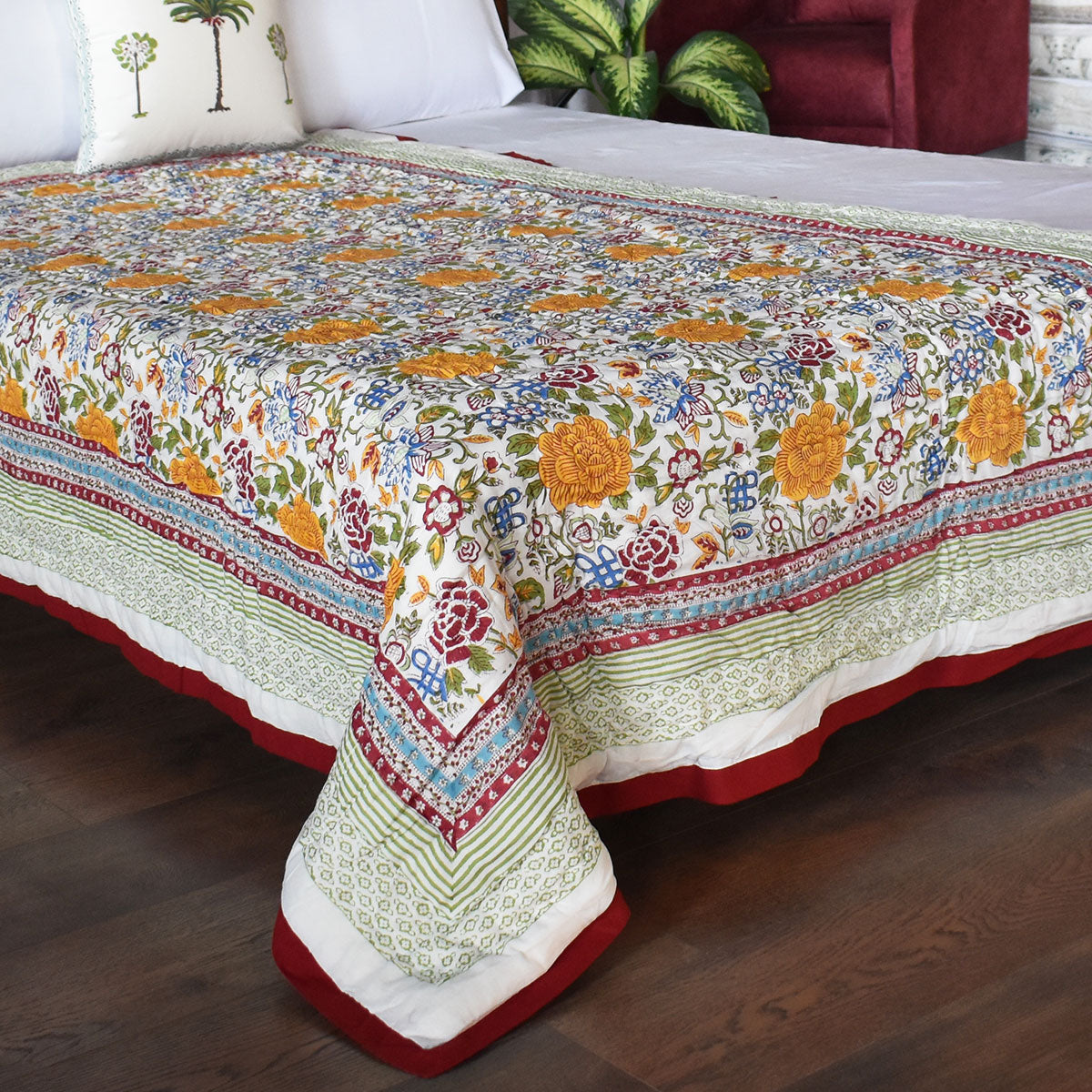Jaipuri Razai With Natural Dyes Single | Floral Canvas Blue Jade Gud Red 206865