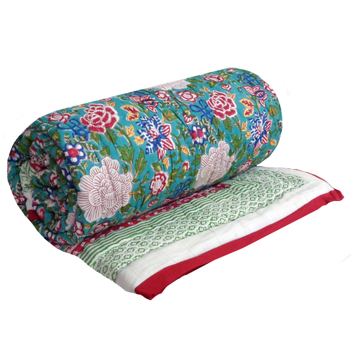 A rolled-out quilted comforter with a vibrant floral print on a teal background, featuring large pink and white flowers, green leaves, and red accents, with a patterned green and white border and a red edge.