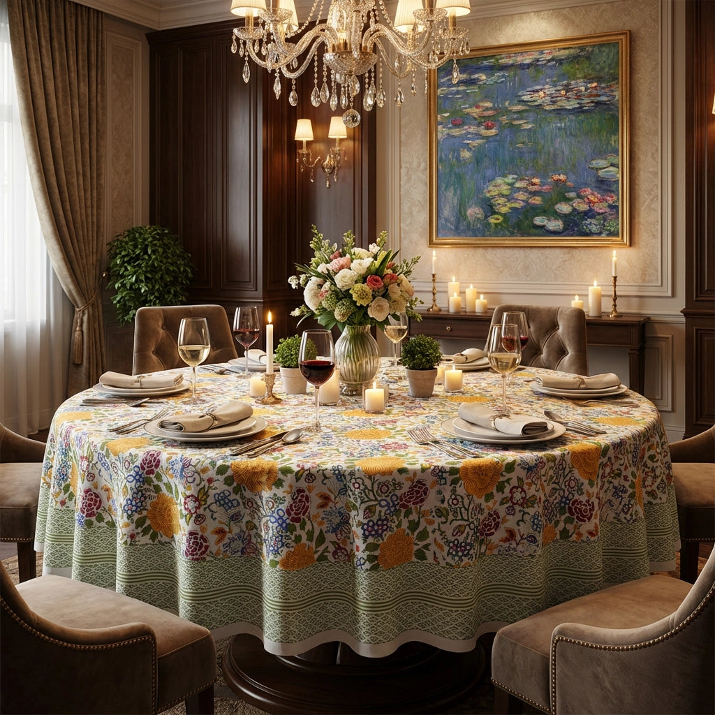 An elegant dining room scene featuring a round table covered with a floral tablecloth in soft green, yellow, and purple tones. The table is set with white plates, wine glasses, candles, and a central floral arrangement.