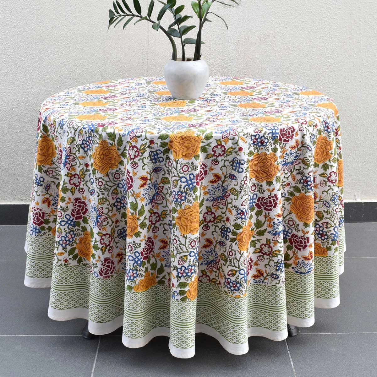 Ethnic Print Round Tablecloth | Floral Canvas Blue Jade Open 106816