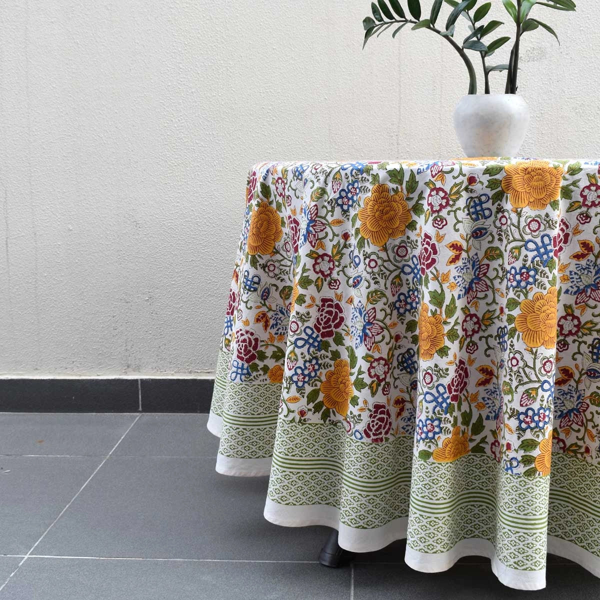 Ethnic Print Round Tablecloth | Floral Canvas Blue Jade Open 106816