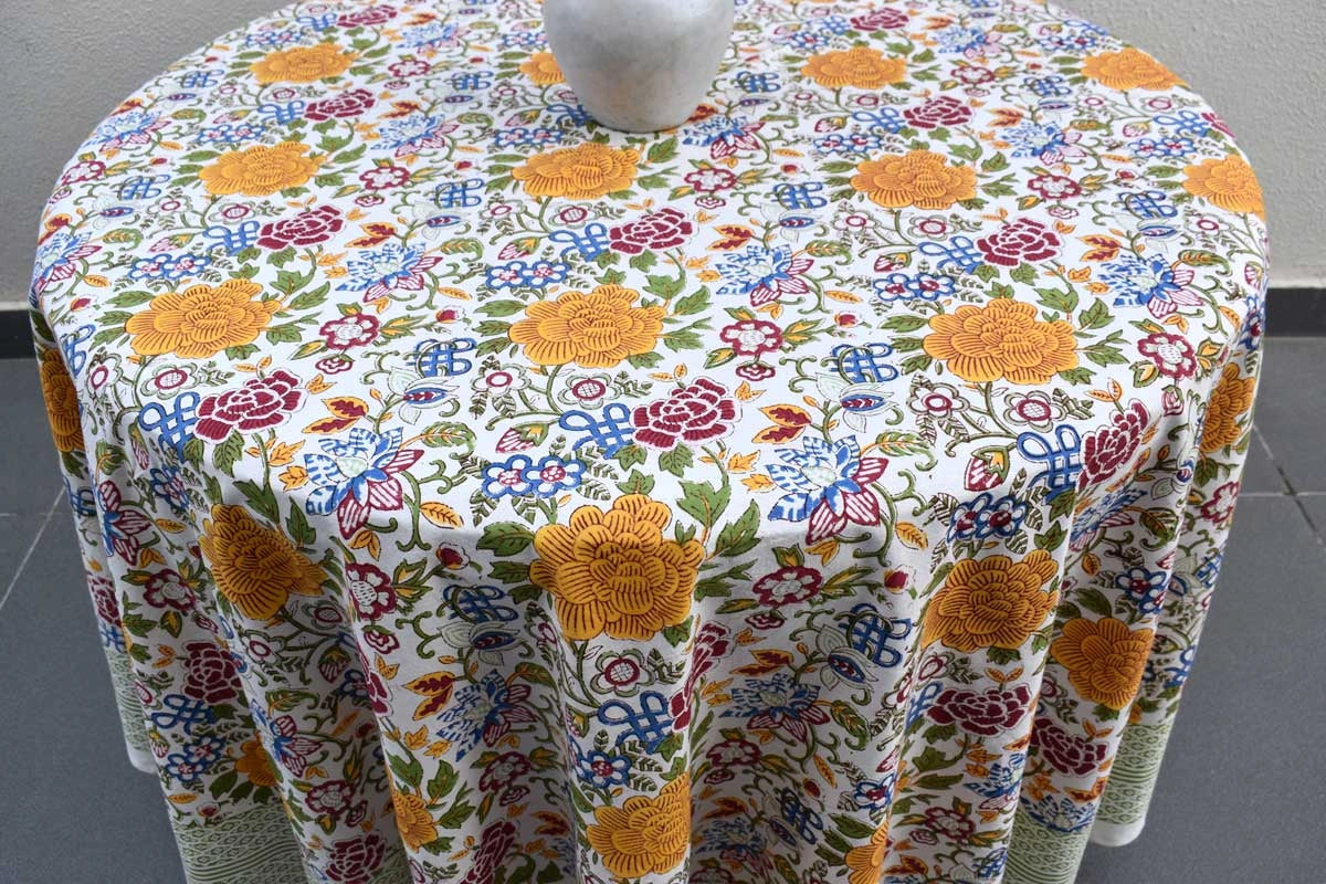 Ethnic Print Round Tablecloth | Floral Canvas Blue Jade Open 106816