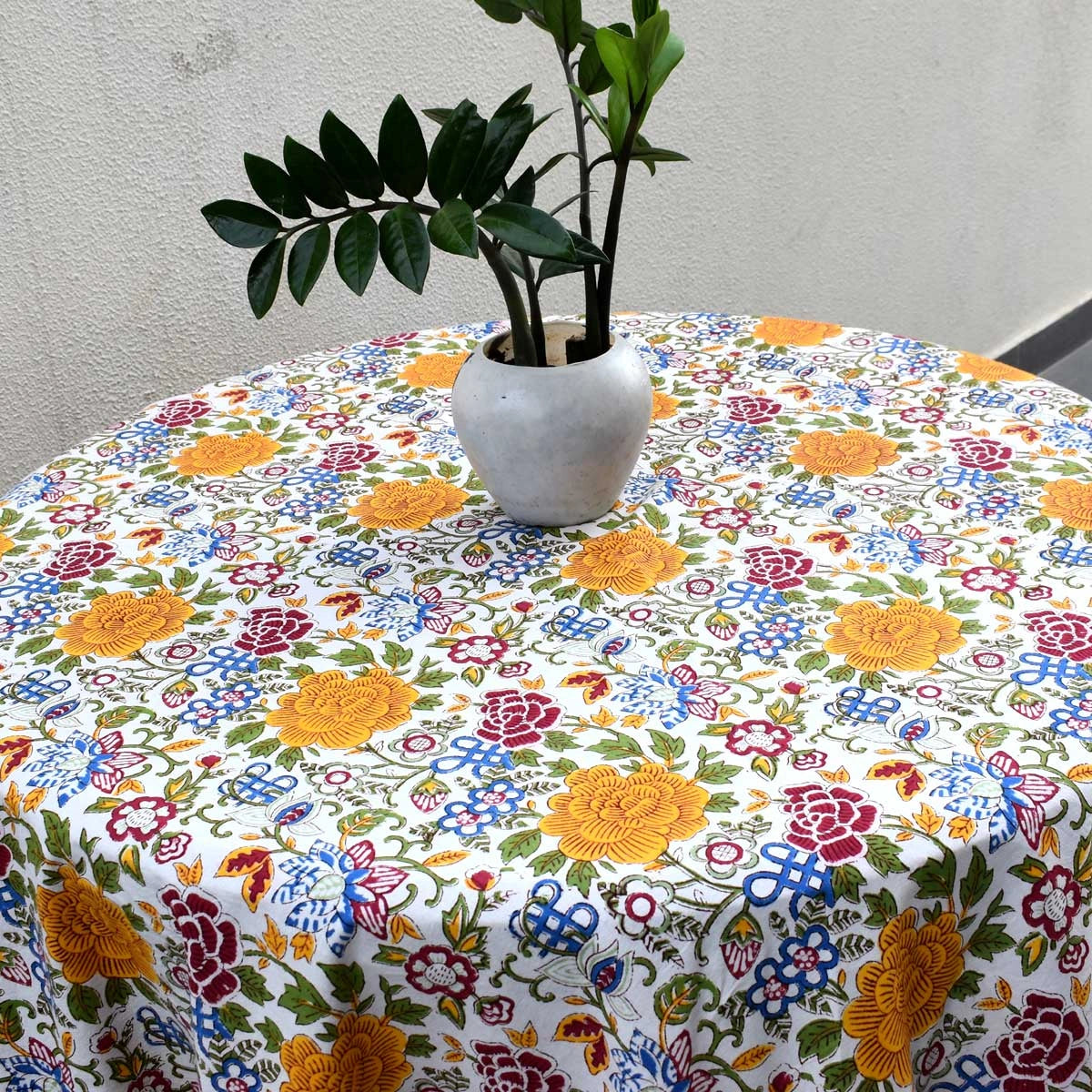 Ethnic Print Round Tablecloth | Floral Canvas Blue Jade Open 106816