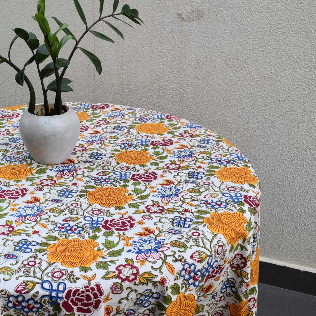 Ethnic Print Round Tablecloth | Floral Canvas Blue Jade Open 106816