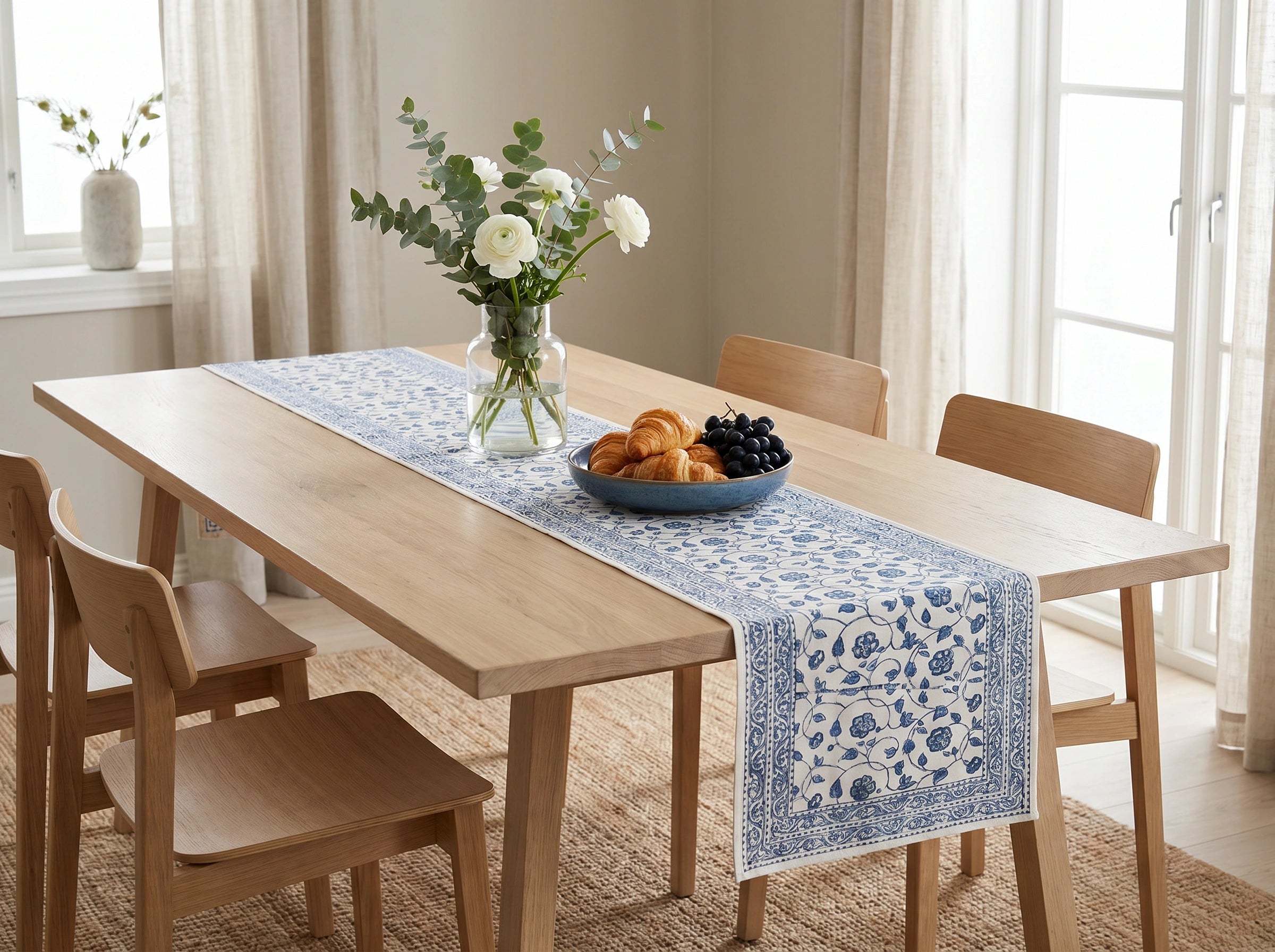 A light wood dining table in a bright room, styled with a blue and white patterned table runner, a vase of white flowers, and a bowl of pastries and grapes. Wooden chairs surround the table.