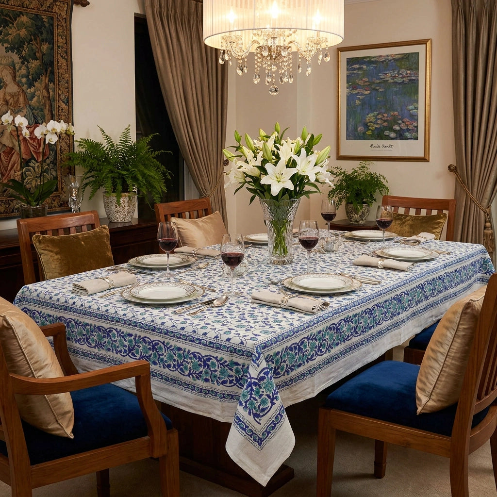 Hand Block Printed Cotton Tablecloth 150x220 cms | Floral Kali Blue 203903