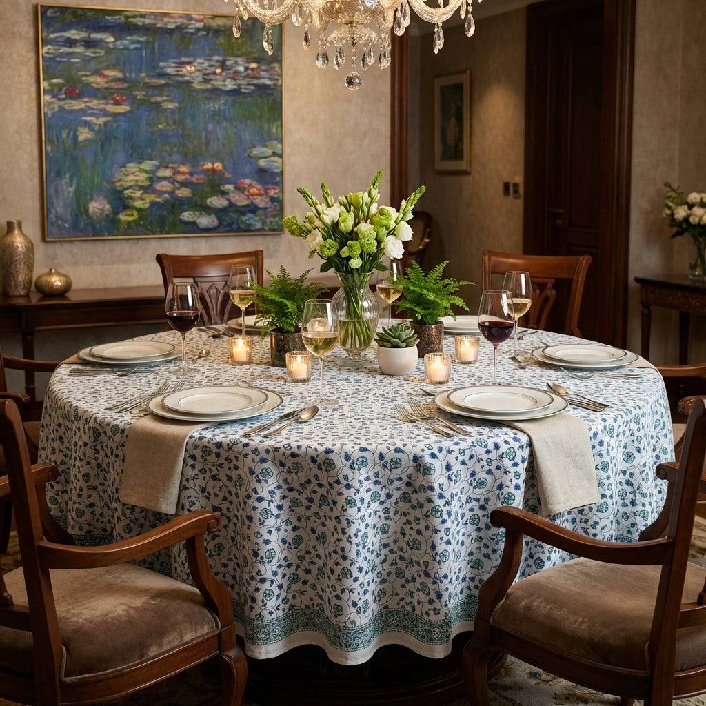 A round dining table set for six with a light blue and white floral patterned tablecloth, beige napkins, wine glasses, candles, and a central floral arrangement, in a decorated dining room with wooden chairs and a water lily painting on the wall.
