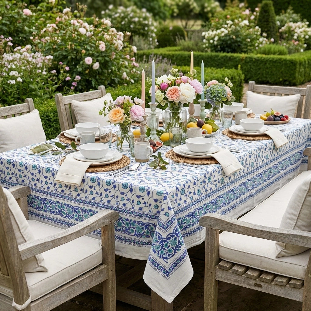 Hand Block Printed Cotton Tablecloth 150x220 cms | Floral Kali Blue 203903