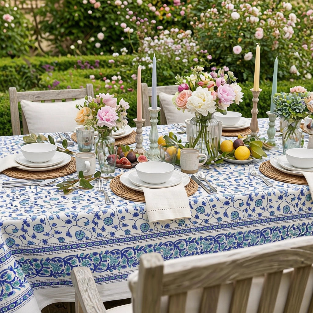 Hand Block Printed Cotton Tablecloth 150x220 cms | Floral Kali Blue 203903