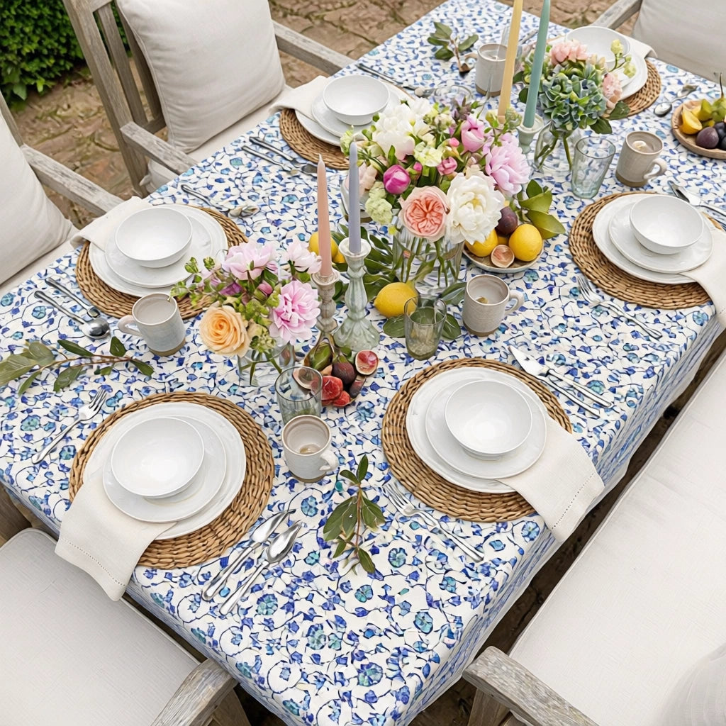 Hand Block Printed Cotton Tablecloth 150x220 cms | Floral Kali Blue 203903