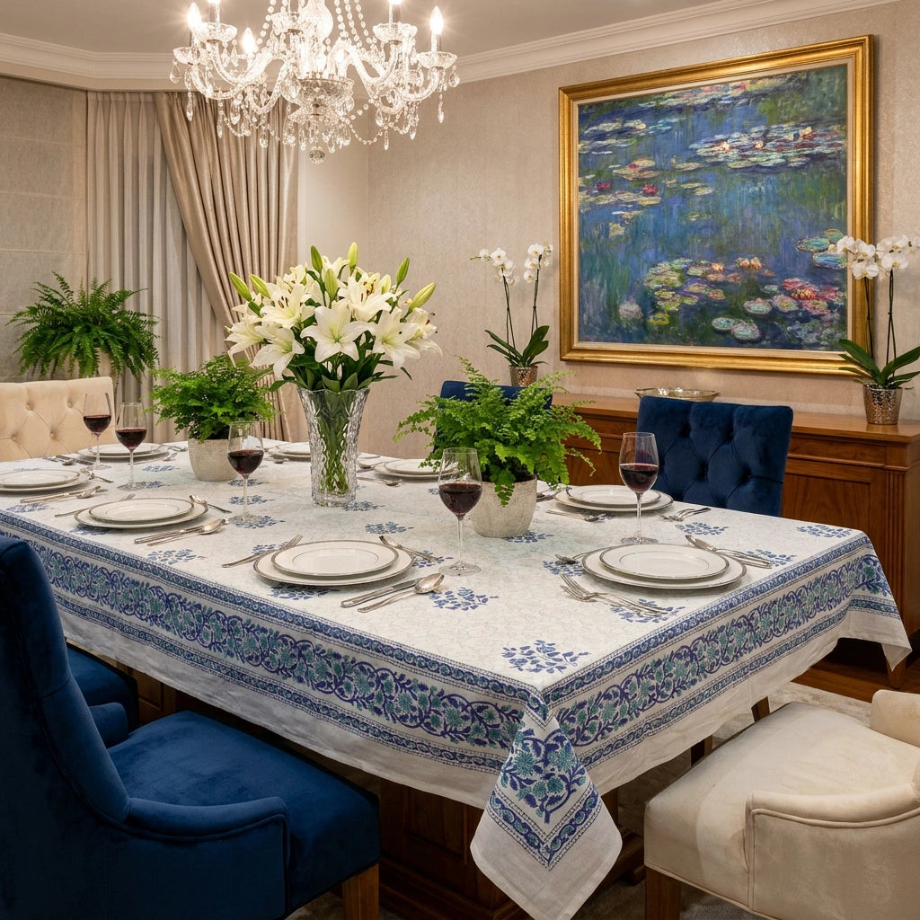 6-8 Seater Large Tablecloth With Floral Prints | Floral Kali Blue Boota 309470