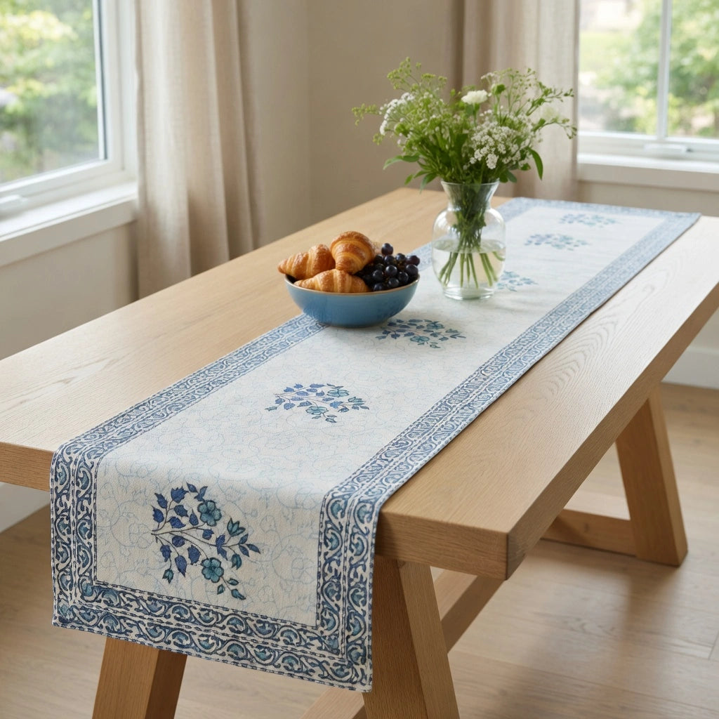 A light blue and white table runner with blue floral patterns and a decorative border, styled on a wooden dining table with a bowl of pastries, grapes, and a vase of flowers in a bright room.