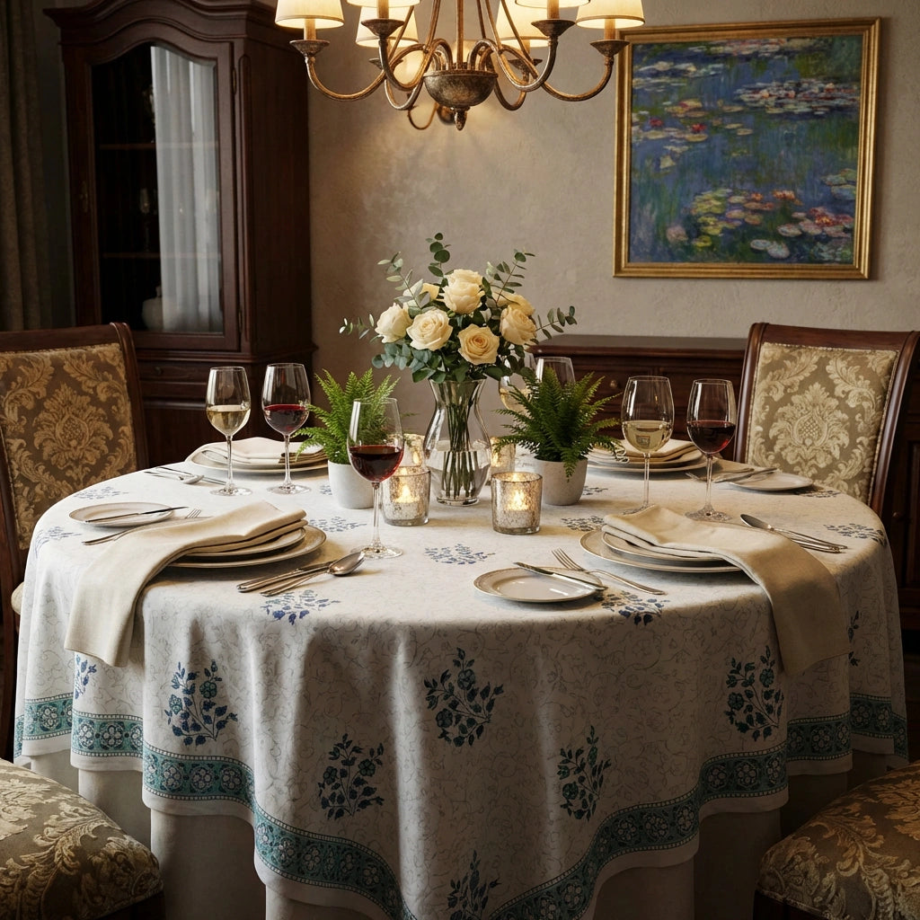 An elegant round dining table set for six with a cream tablecloth featuring a blue floral border pattern, set in a warm, classic dining room with a chandelier, floral centerpiece, and a framed water lily painting on the wall.