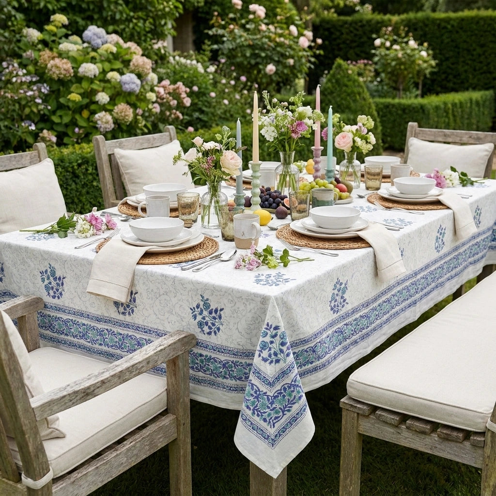 A white tablecloth with blue floral and geometric borders is styled on an outdoor garden table surrounded by wooden chairs, white tableware, and floral centerpieces.