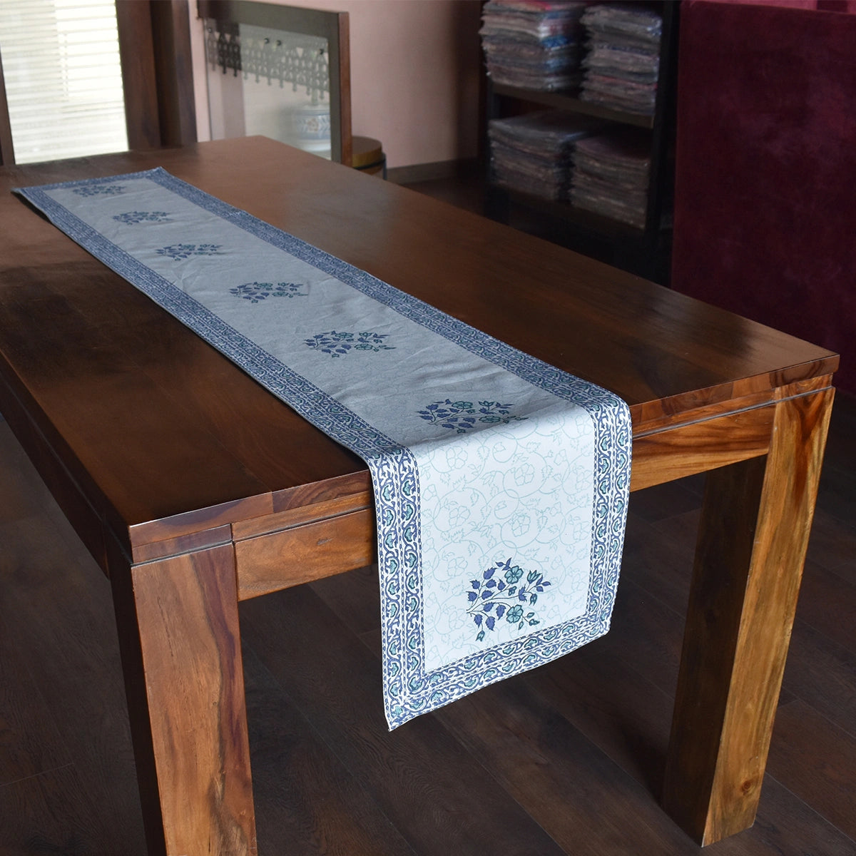 Eco-Friendly Natural Dyed Table Runner Compact Floral Kali Blue Boota