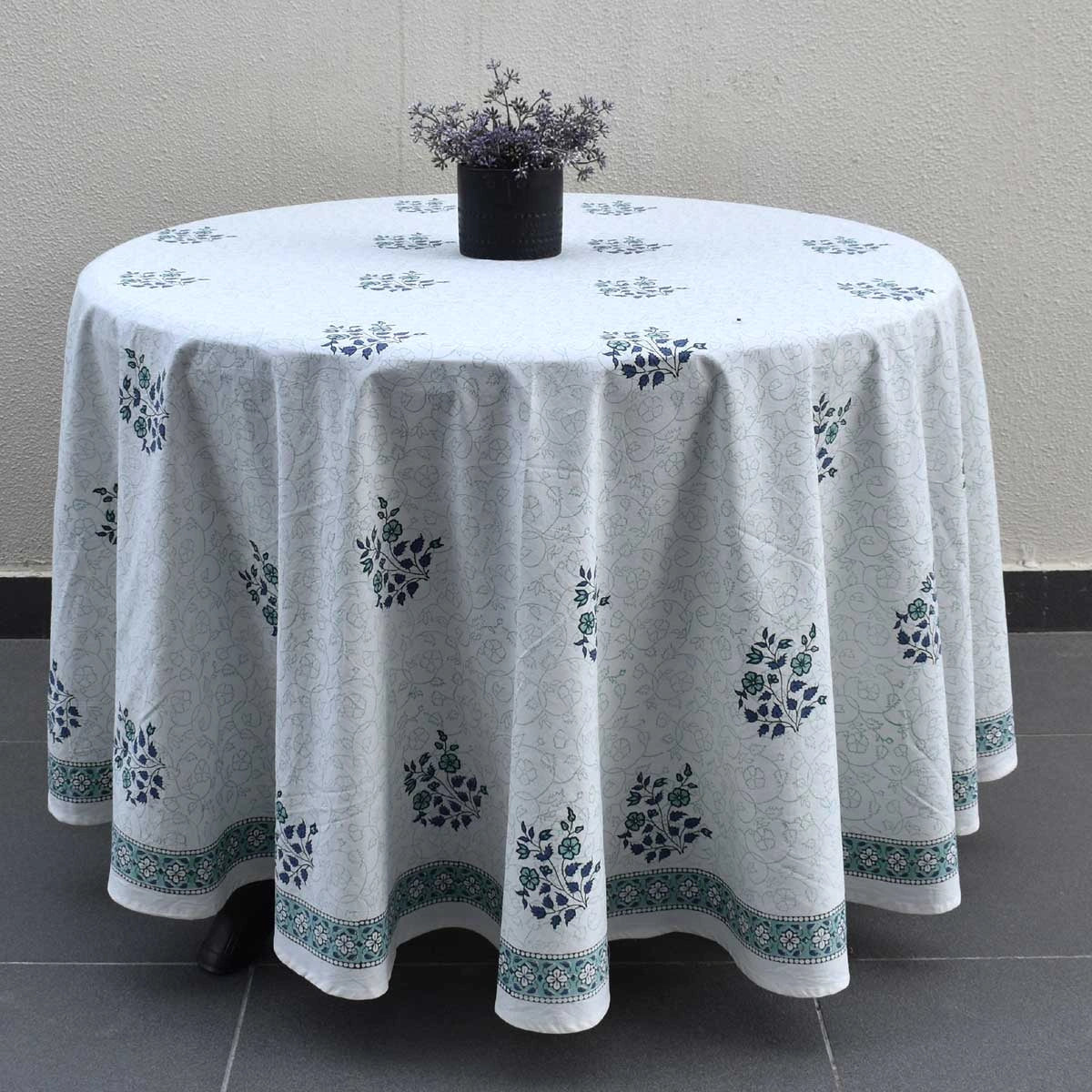 Natural Dye Hand Block Round Tablecloth For Dining | Floral Kali Blue Boota 309470