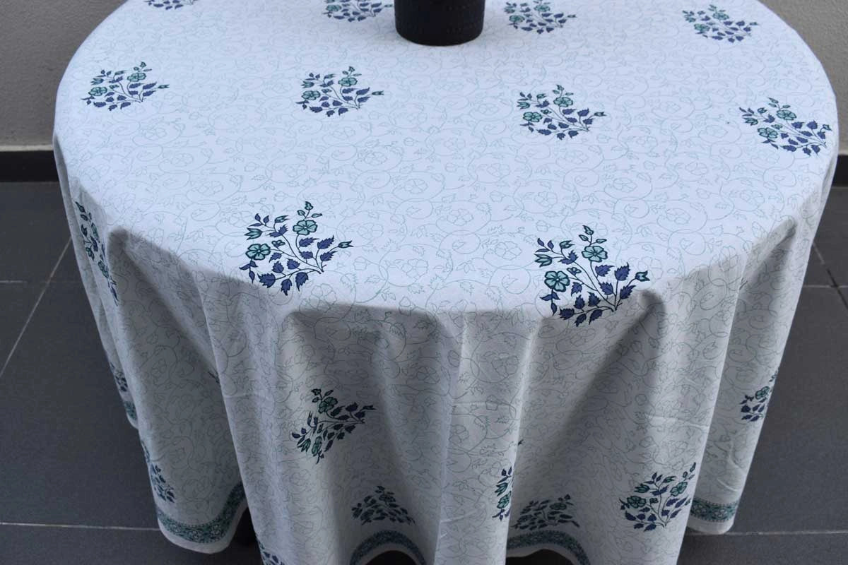 Natural Dye Hand Block Round Tablecloth For Dining | Floral Kali Blue Boota 309470